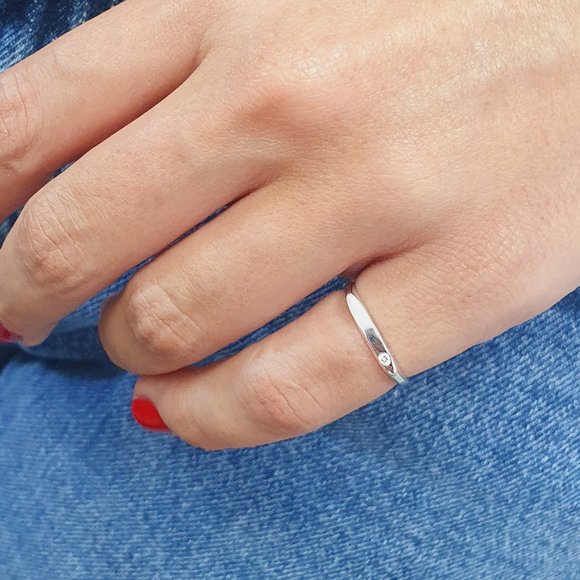 Dainty & Tiny Diamond Pinky Stacking Ring Solid 14K White Gold - Picture 3 of 7